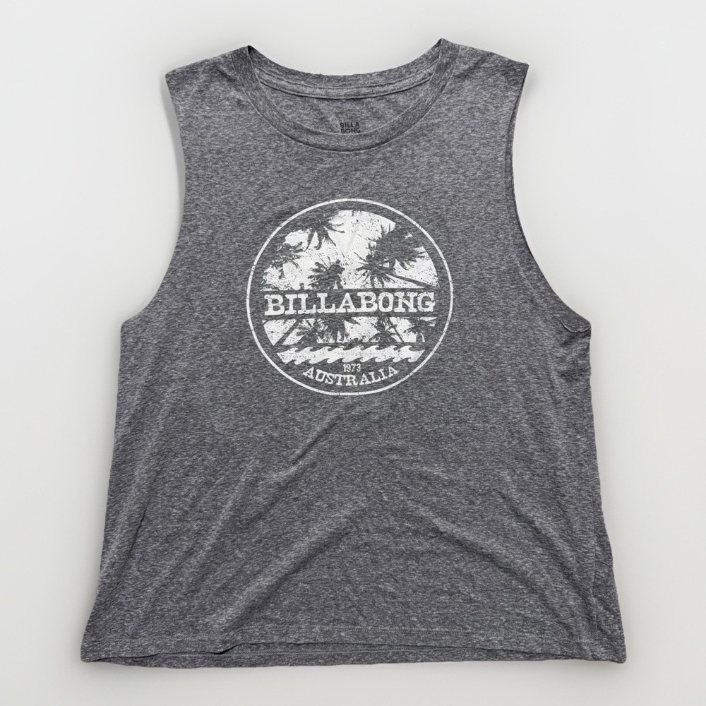 Billabong Graphic Muscle T Shirt Women's Size L Gray Beach Logo Cotton Surf Tee